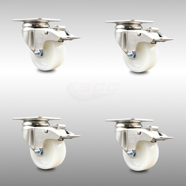 3 Inch 316SS Nylon Wheel Swivel Top Plate Caster Set Total Lock Brake SCC